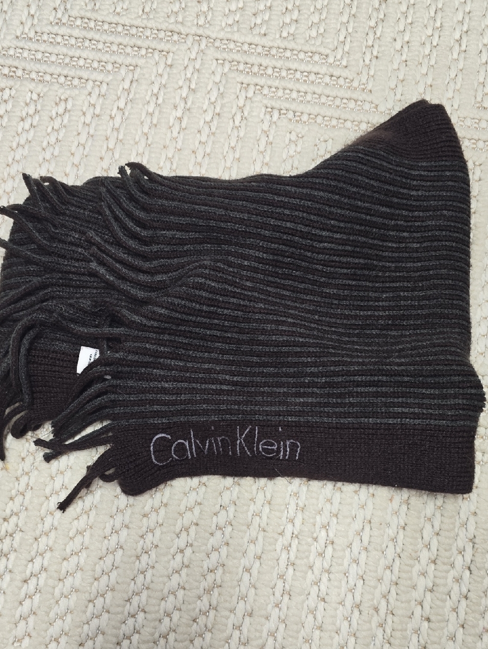 Calvin Klein Brown And Gray Ribbed Fringe Scarf with Logo